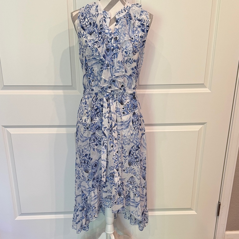 Misa Los Angeles White and Blue Asymmetrical Ruffle Dress